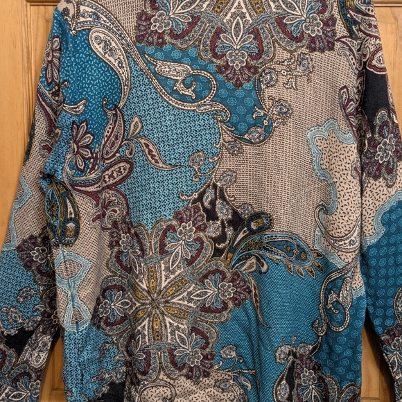Chico's Sweater Pullover 2 LG Paisley Floral LS Top Green Brown Boho Artsy Comfy - Picture 9 of 12